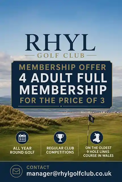 Rhyl Golf Club 4 Adult Full Membership for Price of 3 Offer